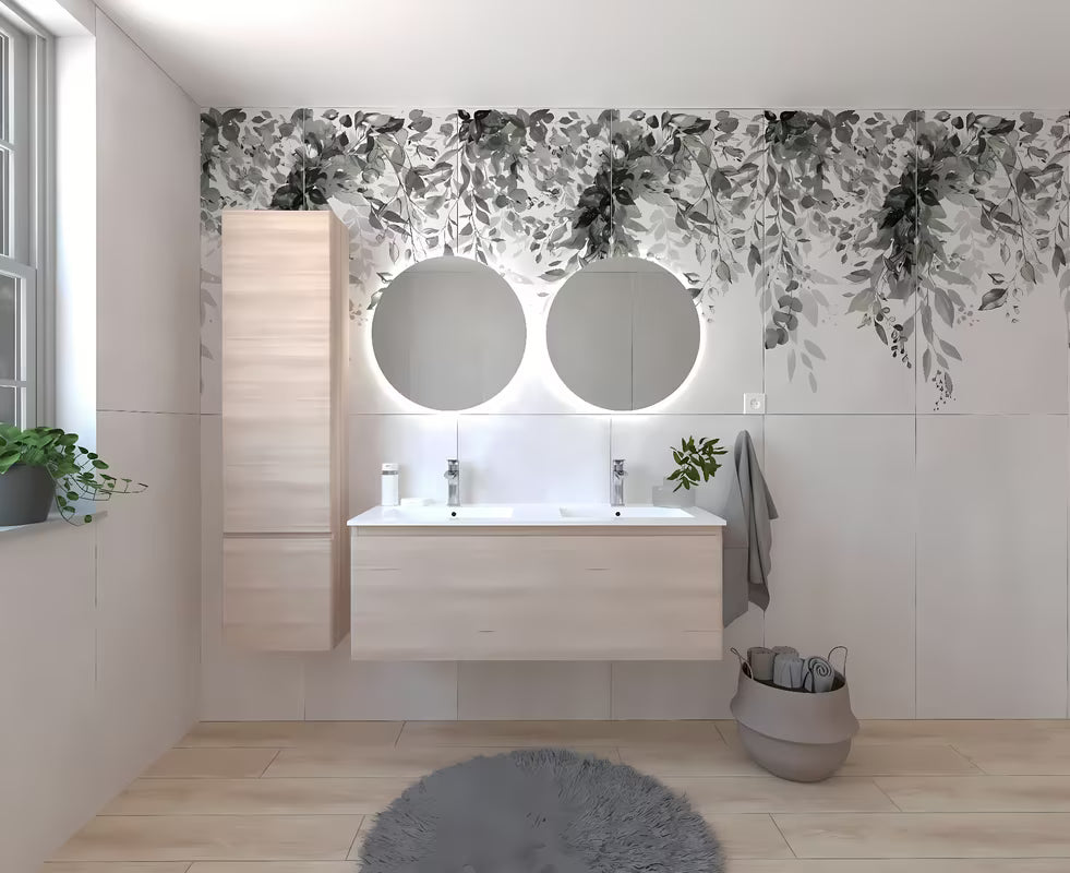 Kupaonski set Naturel Ancona u dekoru akacije s dvostrukim umivaonikom, s ormarićima i LED ogledalima