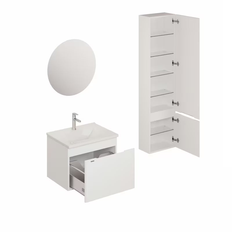 Kupaonski set Naturel Ancona u bijelom dekoru s keramičkim umivaonikom, slavinom i LED ogledalom