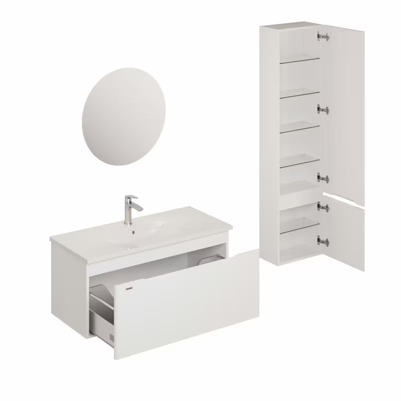 Bijela sjajna kupaonski set Naturel Ancona s visećim ormarićem i keramičkim umivaonikom