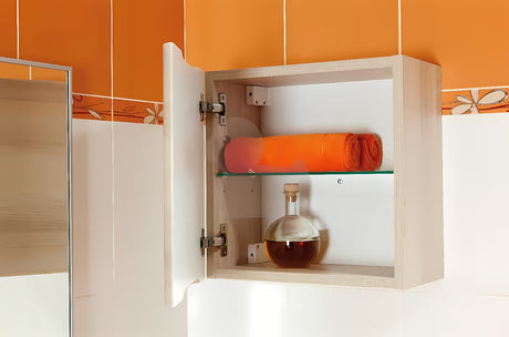 Viseća kupaonski ormarić Naturel Ancona u dekoru akacije s univerzalnim vratima i staklenom policom.