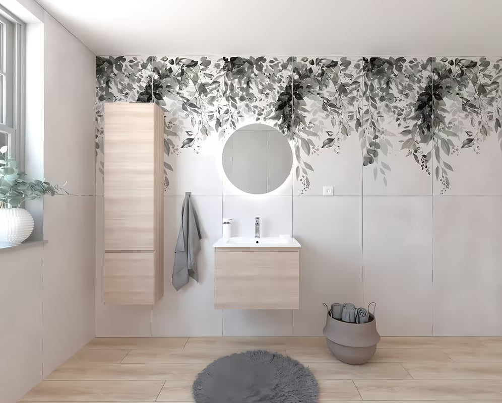 Kupaonski set Naturel Ancona u dekoru akacije s ormarićem, umivaonikom i LED ogledalom