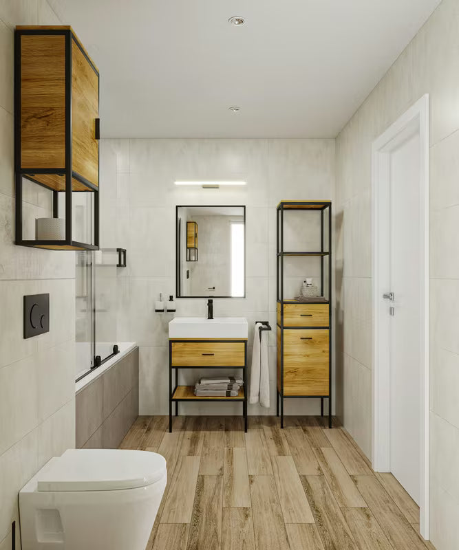 Stojeći regal Naturel Blackframe s crnim metalnim okvirom i MDF pločom u dekoru javora.