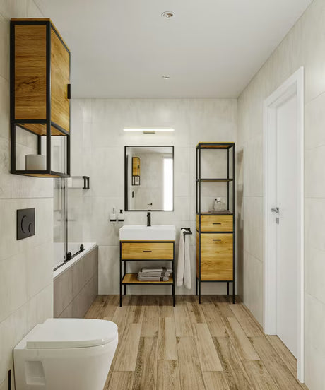 Stojeći regal Naturel Blackframe s crnim metalnim okvirom i MDF pločom u dekoru javora.