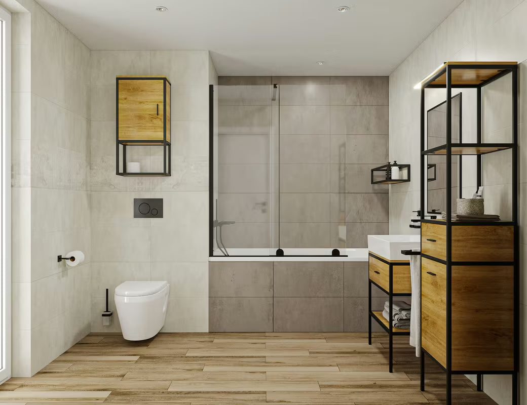 Stojeći regal Naturel Blackframe s crnim metalnim okvirom i MDF pločom u dekoru javora.