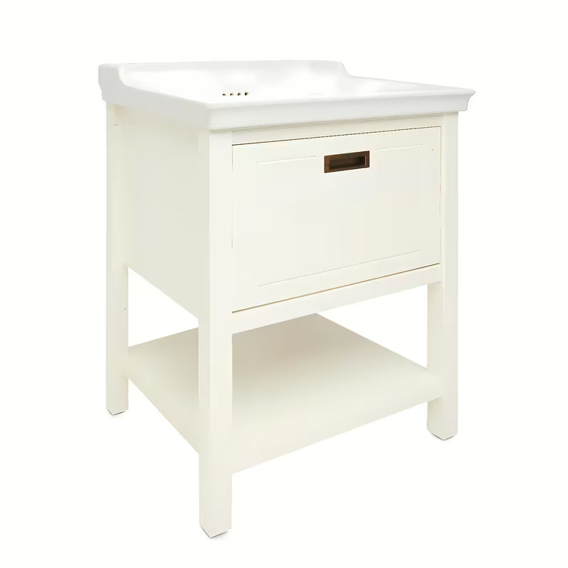 Bijeli stojeći ormarić Naturel Country s keramičkim umivaonikom od masivne smrekovine s četkanom površinom