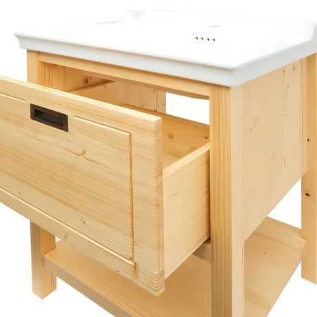 Smeđi kupaonski ormarić s keramičkim umivaonikom Naturel Country 65x53x85 cm od masivne smreke