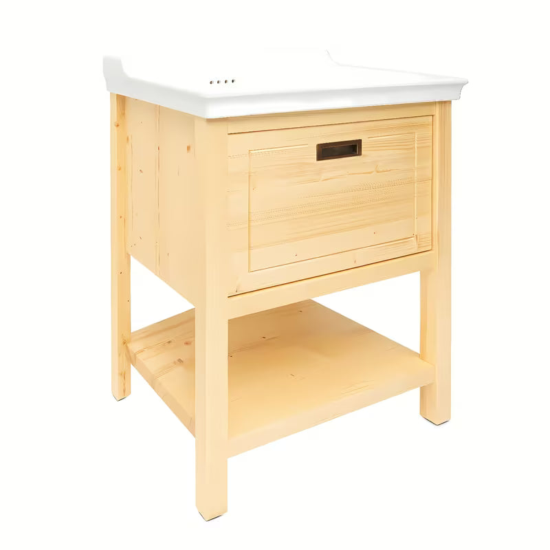 Smeđi stojeći ormarić s keramičkim umivaonikom Naturel Country od masivne smrekovine s četkanom površinom