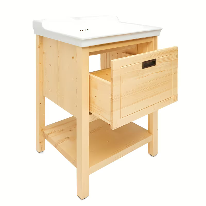 Smeđi stojeći ormarić s keramičkim umivaonikom Naturel Country od masivne smrekovine s četkanom površinom