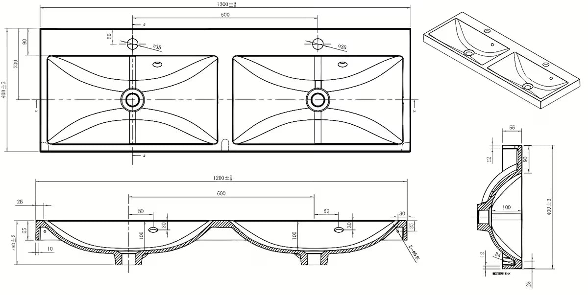 Bijeli namještajni dvostruki umivaonik Naturel Cube Way 120 x 40 cm od lijevanog mramora s dva otvora za pro slavinu