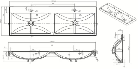 Bijeli namještajni dvostruki umivaonik Naturel Cube Way 120 x 40 cm od lijevanog mramora s dva otvora za pro slavinu