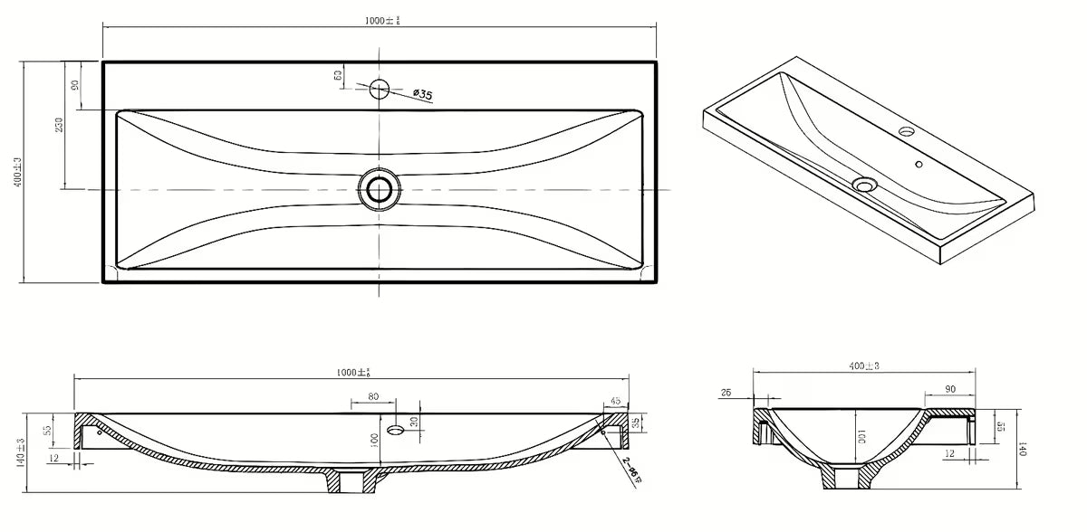 Bijeli umivaonik za kupaonski ormarić Naturel Cube Way 100 x 40 cm od lijevanog mramora s otvorom pro za slavinu u sredini