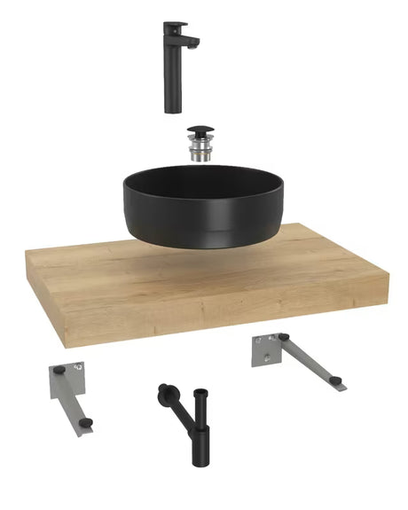 Kupaonski set Naturel Dolce 80x50 cm u dekoru hrasta halifax s umivaonikom na ploču i crnim mat kupaonski dodaci.