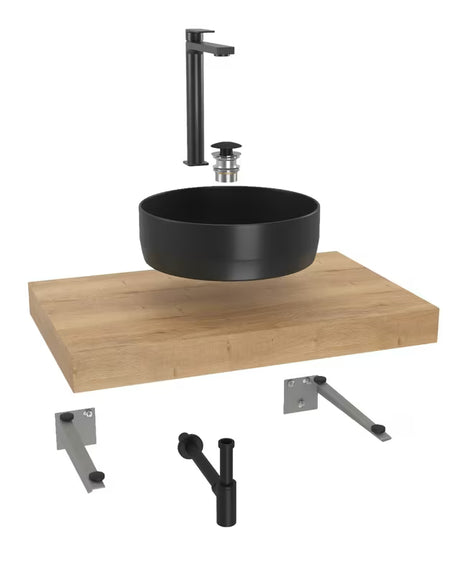 Kupaonski set Naturel Dolce 80x50 cm u dekoru hrasta halifax s umivaonikom na ploču i crnim mat kupaonski dodaci