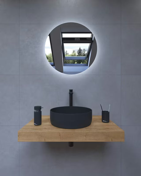 Kupaonski set Naturel Dolce 80x50 cm u dekoru hrasta halifax s umivaonikom na ploču i crnim mat kupaonski dodaci