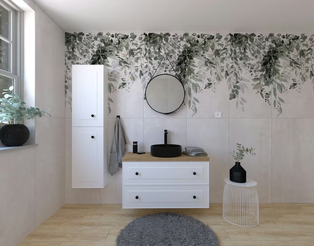 Kupaonski set Naturel Forli u bijeloj boji s crnim umivaonikom na ploču i crnom mat slavinom