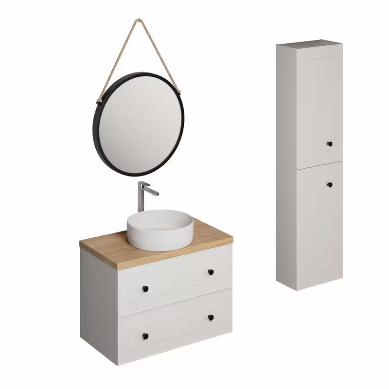 Bijela kupaonski set Naturel Forli s ormarićima, umivaonikom na ploču, ogledalom i visokom slavinom