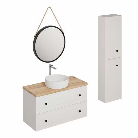 Bijela kupaonski set Naturel Forli s ormarićima, ogledalom, umivaonikom na ploču i visokom kromiranom slavinom.