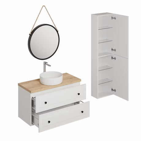 Bijela kupaonski set Naturel Forli s ormarićima, ogledalom, umivaonikom na ploču i visokom kromiranom slavinom.