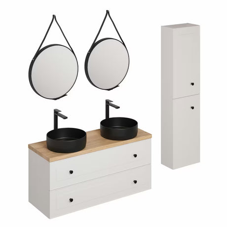 Kupaonski set Naturel Forli u bijeloj boji s dva crna umivaonika na ploču i crnim slavinama