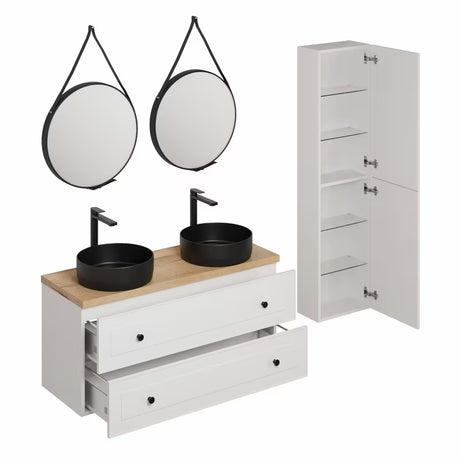 Kupaonski set Naturel Forli u bijeloj boji s dva crna umivaonika na ploču i crnim slavinama