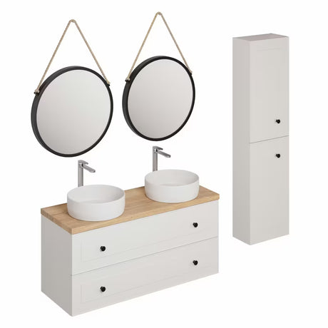 Bijela kupaonski set Naturel Forli s ormarićima, dva umivaonika na ploču, ogledalima i kromiranim slavinama.