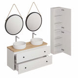 Bijela kupaonski set Naturel Forli s ormarićima, dva umivaonika na ploču, ogledalima i kromiranim slavinama.