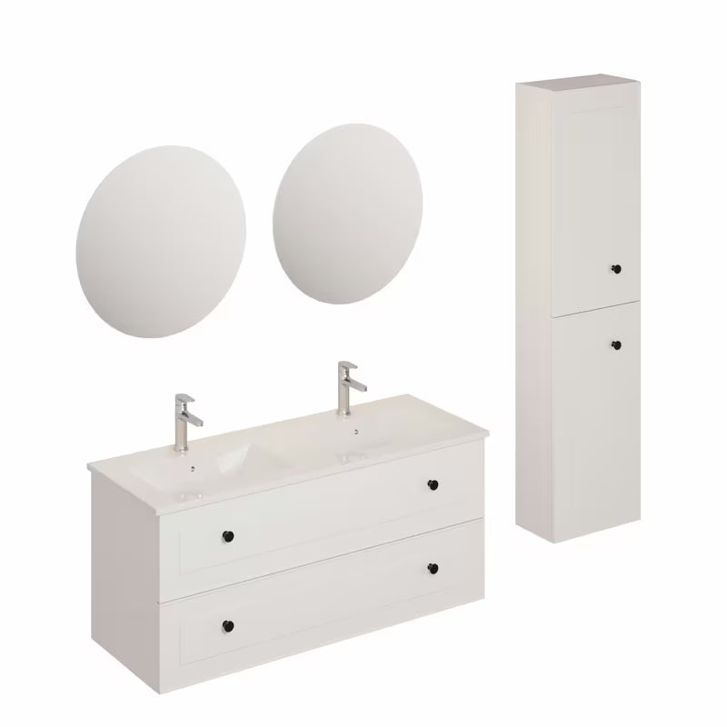 Bijela kupaonski set Naturel Forli s dvostrukim umivaonikom, s ormarićima, dva LED ogledala i kromiranim slavinama.