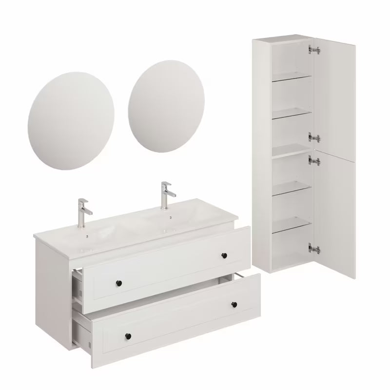 Bijela kupaonski set Naturel Forli s dvostrukim umivaonikom, s ormarićima, dva LED ogledala i kromiranim slavinama.