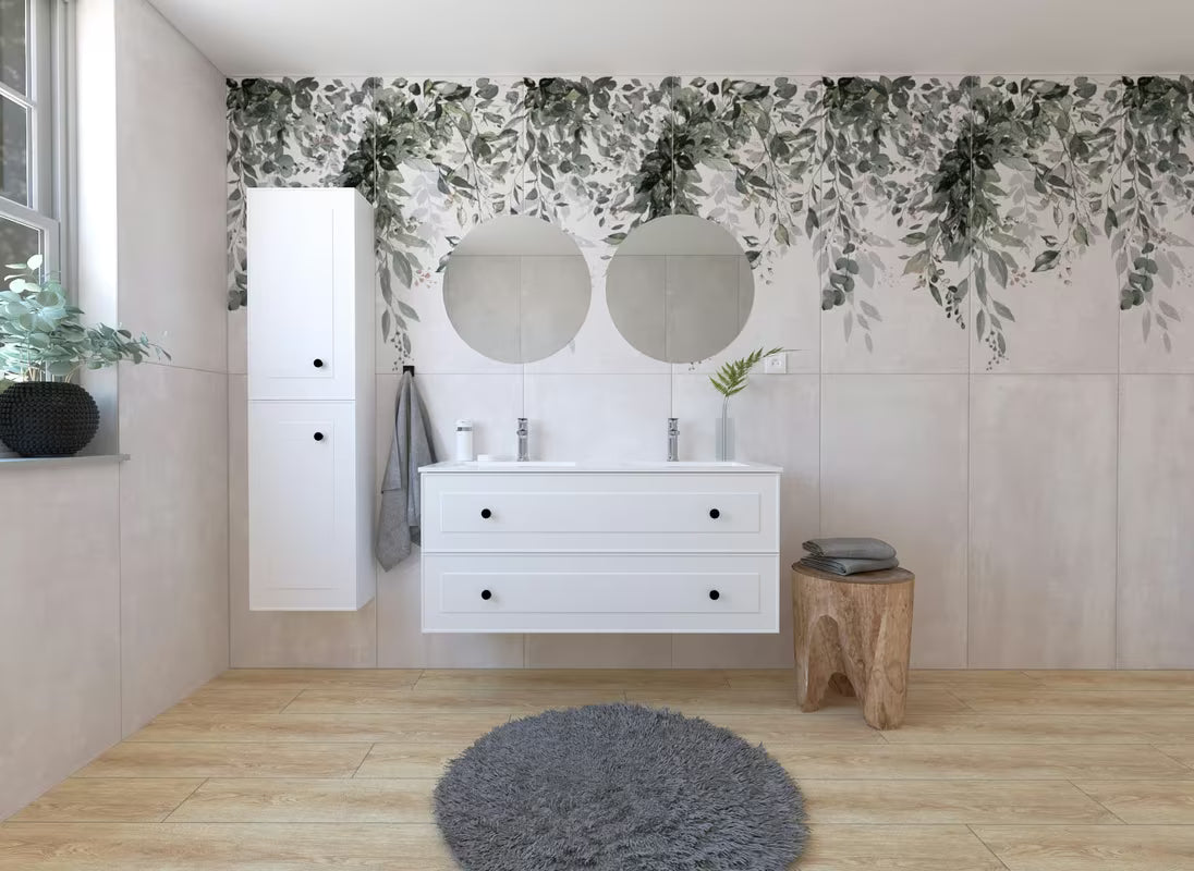 Bijela kupaonski set Naturel Forli s dvostrukim umivaonikom, s ormarićima, dva LED ogledala i kromiranim slavinama.