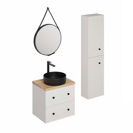 Bijela kupaonski set Naturel Forli s ormarićima, ogledalom, umivaonikom na ploču i visokom kromiranom slavinom.