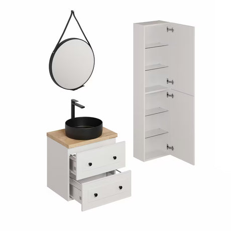 Bijela kupaonski set Naturel Forli s ormarićima, ogledalom, umivaonikom na ploču i visokom kromiranom slavinom.