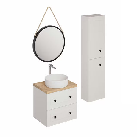 Bijela kupaonski set Naturel Forli s ormarićima, ogledalom, umivaonikom na ploču i kromiranom slavinom.