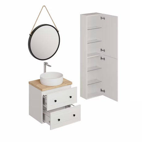 Bijela kupaonski set Naturel Forli s ormarićima, ogledalom, umivaonikom na ploču i kromiranom slavinom.