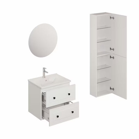 Bijela kupaonski set Naturel Forli s umivaonikom, s ormarićima i okruglim LED ogledalom