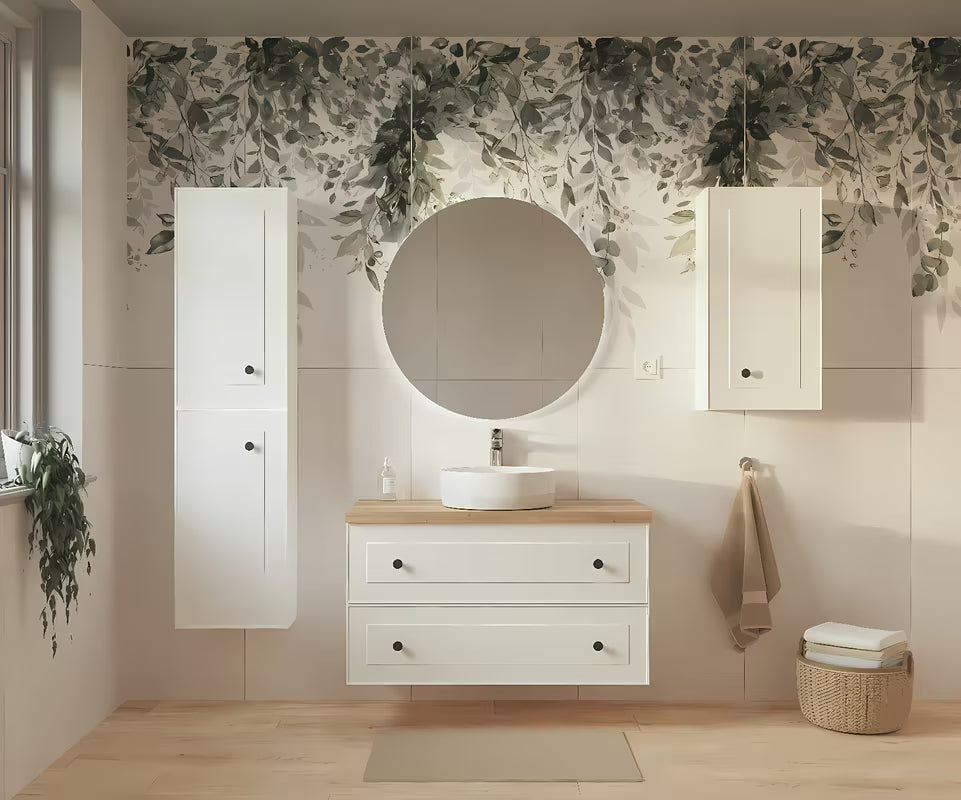 Viseća kupaonski ormarić ispod umivaonika Naturel Forli u bijeloj boji s pločom u dekoru hrasta Halifax.