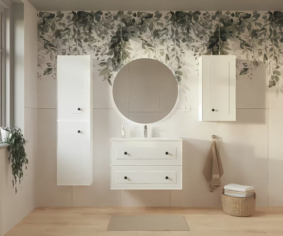 Bijela kupaonski ormarić Naturel Forli s keramičkim umivaonikom u modernom jednostavnom dizajnu