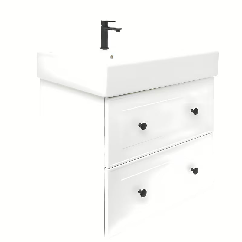 Bijela viseća kupaonski ormarić Naturel Forli s keramičkim umivaonikom i otvorom pro za slavinu u sredini.