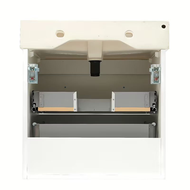 Bijela viseća kupaonski ormarić Naturel Forli s keramičkim umivaonikom i otvorom pro za slavinu u sredini.