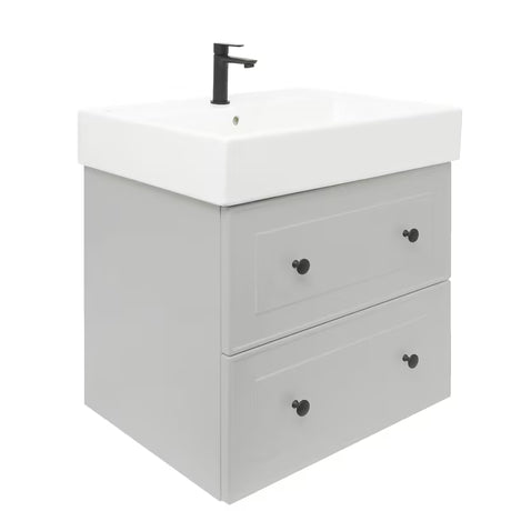 Sivo-mat kupaonski ormarić Naturel Forli s keramičkim umivaonikom u modernom, jednostavnom dizajnu.