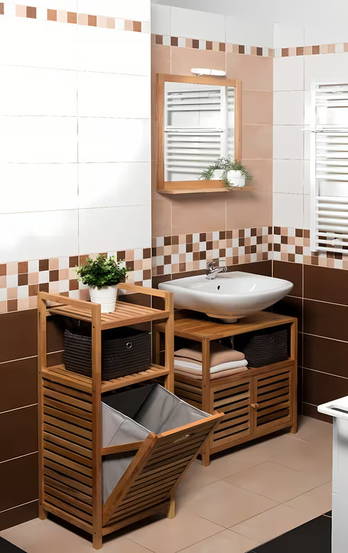 Stojeći košara za rublje Naturel Home u dekoru oraha s mat površinom i uklonjivim sivim tekstilnim umetkom.