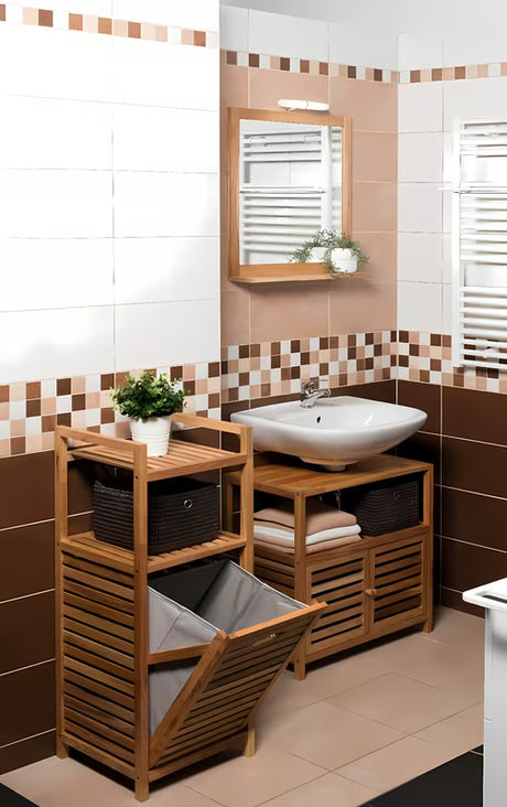 Stojeći košara za rublje Naturel Home u dekoru oraha s mat površinom i uklonjivim sivim tekstilnim umetkom.