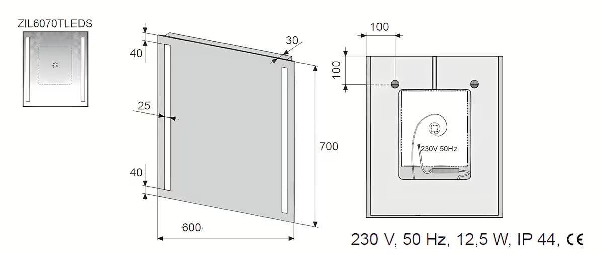 Pravokutno LED ogledalo Naturel Iluxit 60x70 cm sa senzorskim prekidačem i grijanjem protiv zamagljivanja.