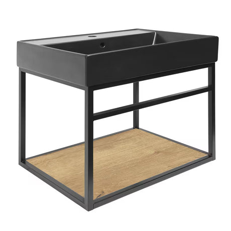 Konstrukcija s keramičkim umivaonikom Naturel Industrial u mat crnoj boji s policom u dekoru hrasta.