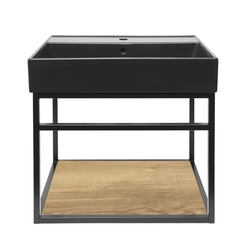 Konstrukcija s keramičkim umivaonikom Naturel Industrial u mat crnoj boji s policom u dekoru hrasta.