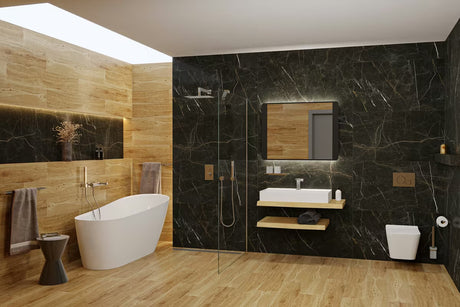 Crno kupaonsko LED ogledalo Naturel 80x60 cm s neizravnim LED osvjetljenjem u mat aluminijskom okviru