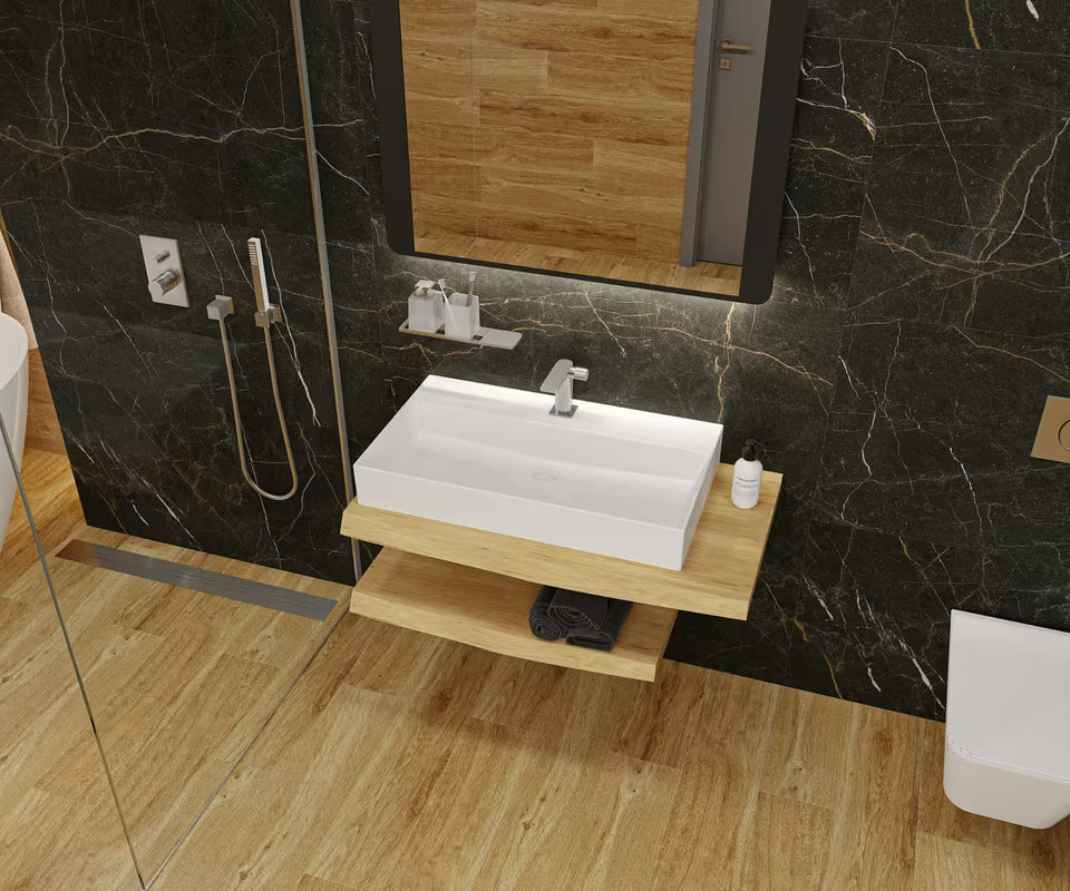 Crno kupaonsko LED ogledalo Naturel 80x60 cm s neizravnim LED osvjetljenjem u mat aluminijskom okviru