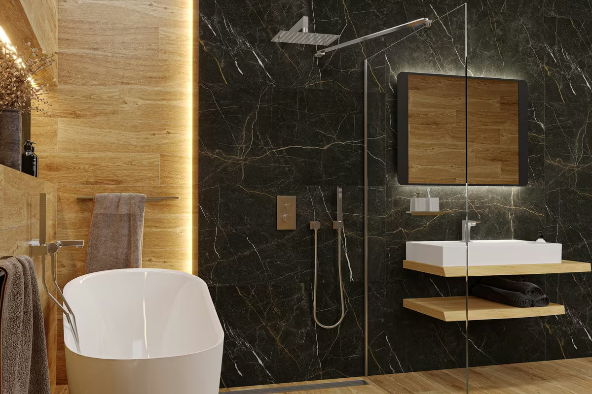 Crno kupaonsko LED ogledalo Naturel 80x60 cm s neizravnim LED osvjetljenjem u mat aluminijskom okviru