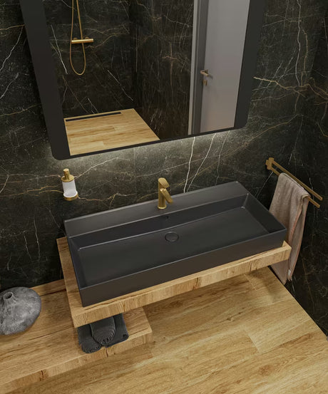 Crno kupaonsko LED ogledalo Naturel 80x60 cm s neizravnim LED osvjetljenjem u mat aluminijskom okviru