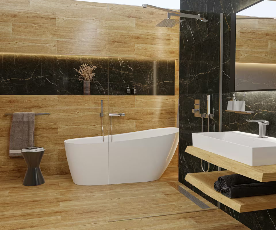 Crno kupaonsko LED ogledalo Naturel 80x60 cm s neizravnim LED osvjetljenjem u mat aluminijskom okviru