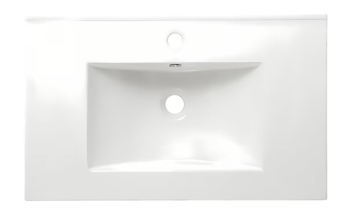 Bijeli keramički umivaonik za kupaonski ormarić Naturel Modena 61x46 cm s odlagališnom plohom i otvorom za pro slavinu u sredini.